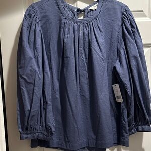 Joie Indigo Cotton Peasant Top with Braided Neckline